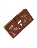 Womens Leather Wallet Purse Hollow Leaf Pattern Zipper Handbag